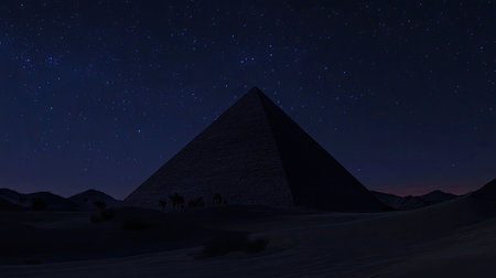 A stunning view of a pyramid illuminated by a starry night sky, nestled in a serene desert landscape, perfect for travel and architectural explorations.の素材