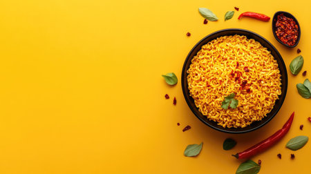 A vibrant bowl of spicy instant noodles adorned with herbs and red pepper flakes, surrounded by a bright yellow background, perfect for food photography.の素材