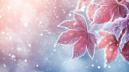 Beautiful close-up of frosty red leaves with sparkling frost, set against a serene winter backdrop. The delicate details create a captivating scene.の素材