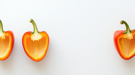 Three fresh red bell peppers sliced in half, showcasing their vibrant color and fresh interior. Perfect for healthy recipes and culinary presentations.の素材