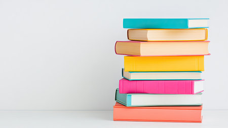 A vibrant stack of colorful books on a minimal background, perfect for themes of education, creativity, and modern learning spaces. Ideal for various design projects.の素材