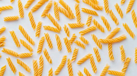 A vibrant array of twisted yellow pasta placed on a white surface. Perfect for food photography, cooking blogs, or culinary designs.の素材