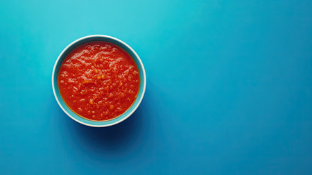 A vibrant bowl of fresh tomato sauce sits on a blue surface, perfect for culinary use. This colorful image captures the essence of comfort food, ideal for recipes and meal planning.の素材