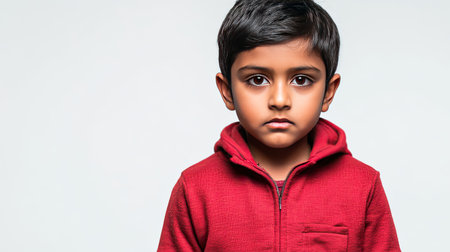 A young boy in a red hoodie presents a serious expression, highlighting his innocence and depth. The portrait captures emotion in a minimalist studio setting.の素材