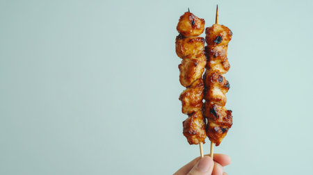 Juicy grilled chicken skewers served on wooden sticks, perfect for barbecues or gatherings. Deliciously flavored and easy to enjoy as a snack or meal.の素材