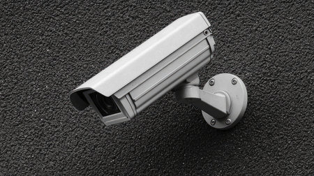 A modern security camera mounted on a textured wall, highlighting its role in surveillance and safety. Ideal for discussions on security technology.の素材