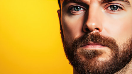 A close-up portrait of a serious male with a beard and striking eyes against a bright yellow background, showcasing modern beauty and confidence.の素材