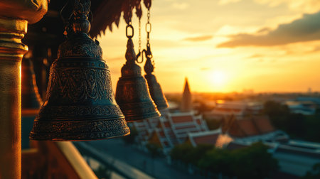 Beautiful view of temple bells silhouetted against a stunning sunset. The warm golden light creates a serene atmosphere, perfect for travel and spirituality.の素材