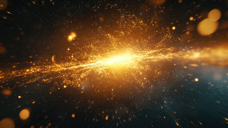 This mesmerizing image showcases a dynamic cosmic explosion of golden light set against the backdrop of deep space, creating an ethereal scene full of wonder and energy.の素材