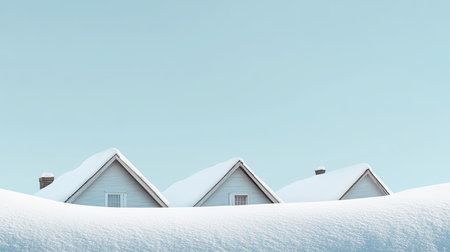 A serene winter landscape featuring three snow-covered houses beneath a clear blue sky, evoking tranquility and peacefulness in a rural setting.の素材