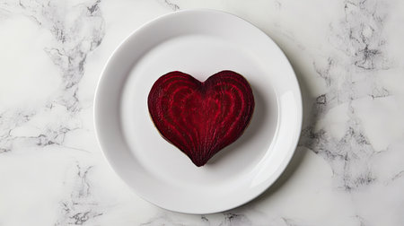 This unique heart-shaped beetroot slice on a white plate offers a vibrant presentation perfect for romantic meals or healthy dishes. Ideal for food photography.の素材