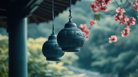 Hanging lanterns create a serene atmosphere among blooming branches, blending nature and tradition in a peaceful garden setting. Ideal for relaxation.の素材