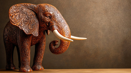 This stunning wooden elephant sculpture showcases intricate carvings and rich texture, perfect for enhancing any home or artistic space with cultural elegance.の素材