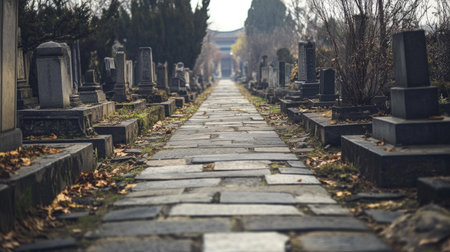 A serene pathway meanders through a tranquil graveyard, lined with weathered tombstones and scattered autumn leaves, evoking a sense of reflection and peace.の素材