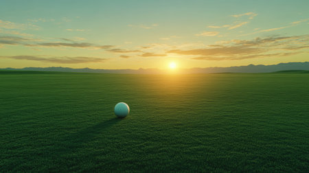 A tranquil sunset over a lush green golf course with a lone golf ball in the foreground. The scene captures the essence of relaxation and leisure in nature.の素材