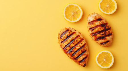 Juicy grilled chicken breasts served with fresh lemon slices on a vibrant yellow background. Perfect for showcasing healthy meal options and summer dining.の素材