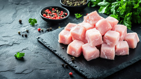 Fresh pork cubes arranged on a slate board with herbs and spices, perfect for gourmet dishes or food preparation. Ideal for culinary presentations.の素材