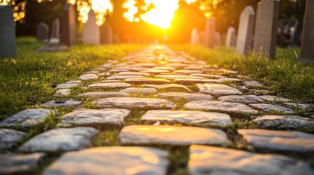 A tranquil cobblestone pathway leads through a cemetery, bathed in the warm glow of sunset. The scene captures a peaceful moment, inviting reflection.の素材