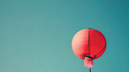 A bright red lantern hanging against a clear blue sky, symbolizing tradition and culture. This vibrant image captures warmth and beauty in simplicity.の素材