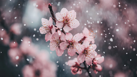 A stunning cherry blossom branch adorned with soft pink flowers contrasts beautifully against falling snowflakes, creating a serene and magical scene.の素材