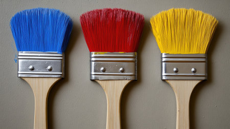 Three vibrant paint brushes in blue, red, and yellow rest against a neutral wall, perfect for depicting creativity and DIY projects in artistic themes.の素材