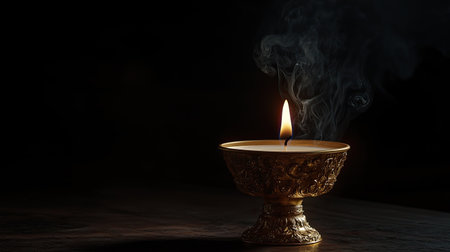 A beautifully crafted golden candle holder features a flickering flame, producing a gentle smoke that adds a touch of tranquility and elegance to any space.の素材