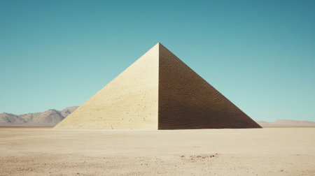 A stunning pyramid rises majestically in a clear blue sky above a vast desert, showcasing ancient architecture and geometric beauty in a serene landscape.の素材