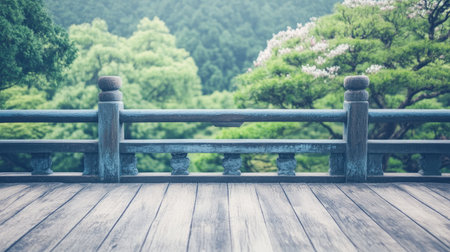 A scenic wooden deck offers a tranquil view of a lush green forest, surrounded by trees and vibrant foliage. Ideal for relaxation and nature lovers.の素材