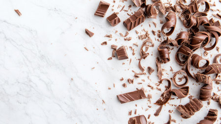 A beautiful arrangement of chocolate shavings scattered on a marble surface, perfect for enhancing desserts and pastries. Ideal for culinary projects.の素材