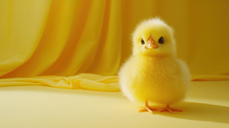 A cute yellow chick stands on a soft yellow background, showcasing its fluffy feathers and bright demeanor. Perfect for illustrating themes of spring and joy.の素材