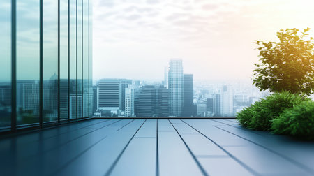 A spacious modern terrace featuring lush greenery and a stunning cityscape view, perfect for relaxation and enjoying the urban atmosphere.の素材