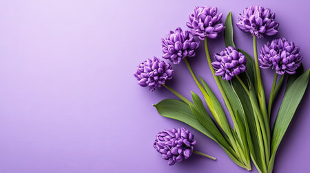 A stunning arrangement of elegant purple flowers set against a soft background, perfect for showcasing beauty, tranquility, and freshness in any design project.の素材