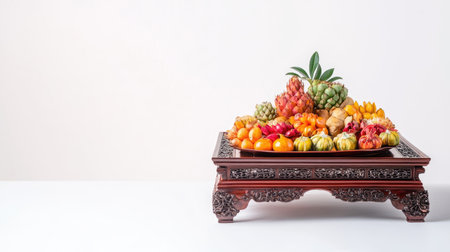 An artistic arrangement of vibrant fruits displayed on an elegant wooden stand. This colorful and fresh setup is ideal for celebrations, banquets, or lifestyle events.の素材