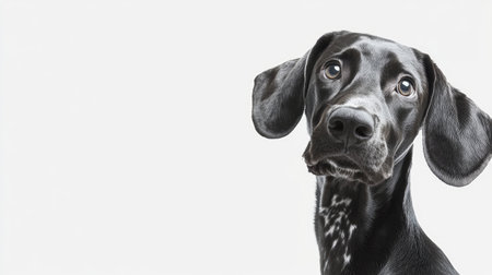This stunning portrait features a black dog with a curious expression, highlighting its gentle features and expressive eyes against a simple white background.の素材
