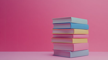 A vibrant stack of colorful books on a pink background, perfect for symbolizing education and creativity. Ideal for learning and study themes.の素材