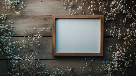 A rustic wooden frame rests on a textured surface, surrounded by delicate white flowers. Ideal for showcasing art or personal messages in a minimalistic style.の素材