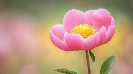 A stunning close-up of a delicate pink flower with yellow stamens, set against a softly blurred natural background, perfect for nature-themed projects.の素材