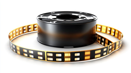 A classic film reel surrounded by a strip of film, representing the essence of cinema and storytelling through vintage media and artistic creativity.の素材