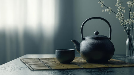 This image features a serene tea set, including a teapot and cup, placed elegantly on a bamboo mat. Soft natural light enhances the calm ambiance, ideal for relaxation.の素材