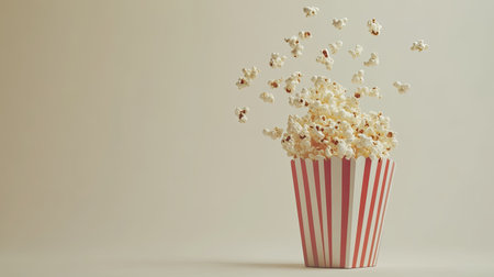 A vibrant image of popcorn bursting from a classic red and white striped cup, symbolizing fun and enjoyment. Perfect for food, snack, or entertainment themes.の素材