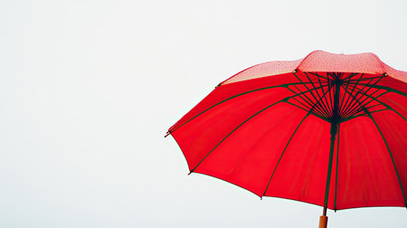 A striking bright red umbrella stands out against a soft gray sky, symbolizing protection and warmth in rainy weather. Perfect for artistic projects.の素材