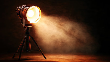 A powerful spotlight illuminates a dark space, creating a dramatic effect with soft smoke. Ideal for themes of mystery and creativity in photography.の素材