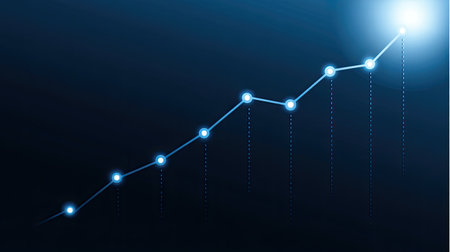 This dynamic illustration features a glowing line graph in blue, representing upward growth and success, ideal for financial or business presentations.の素材