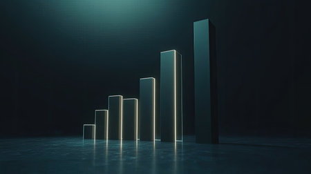 A modern bar graph illuminated with light against a dark background representing growth and progress in business and finance analytics.の素材