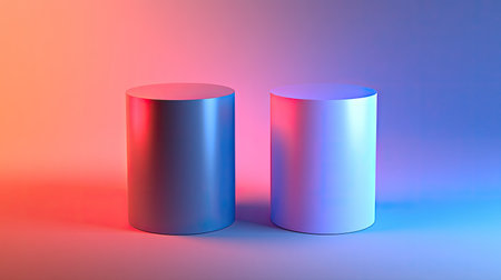 Two modern cylindrical objects in a gradient of blue and red light create a stylish and artistic atmosphere. Ideal for design concepts and minimalistic decor.の素材