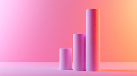 An abstract display of three cylindrical shapes against a vibrant pink and orange gradient background, perfect for showcasing products or artistic concepts.の素材