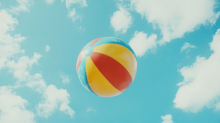 A vibrant beach ball floats in a bright blue sky dotted with fluffy clouds. This scene captures the essence of summer fun and outdoor enjoyment.の素材