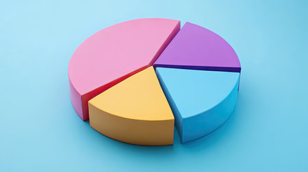 This image features a vibrant pie chart with segments in various colors on a blue background, perfect for presentations and visual data analysis.の素材
