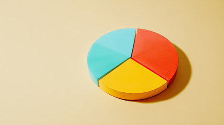 A vibrant pie chart composed of four sections in blue, red, yellow, and orange, set against a soft yellow background, ideal for marketing and educational materials.の素材