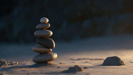A serene stack of stones balanced on a beach at sunset, showcasing nature's beauty and promoting tranquility and mindfulness in a peaceful environment.の素材